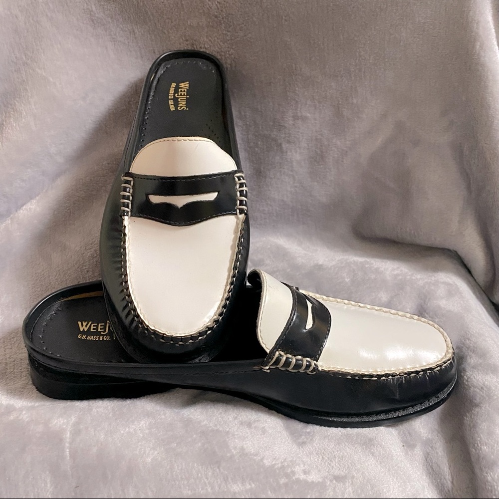 G.H. Bass Weejuns classic black and white penny loafer slides!